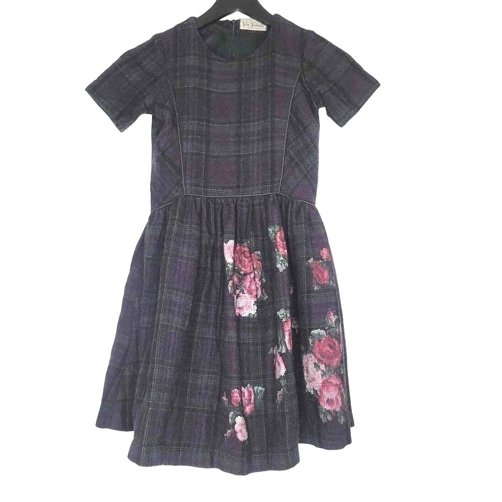 Via Veneto Elisa Girls‎ Plaid Pleated Floral Dress L Purple Black Short Sleeve L